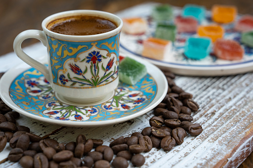 Turkish Coffee and Colorful Turkish Delights Traditional Ottoman Cuisine Desserts Photo, Üsküdar Istanbul, Turkiye