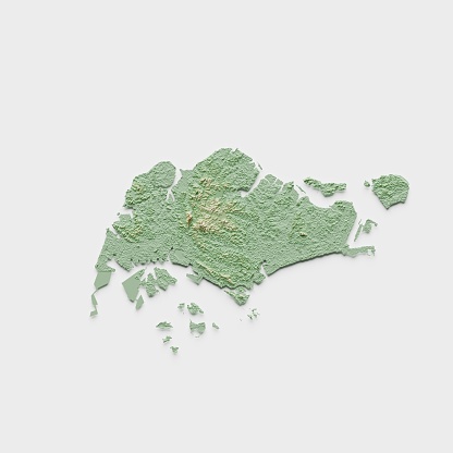 3D render of a topographic map of Singapore. All source data is in the public domain. SRTM data courtesy of the U.S. Geological Survey.