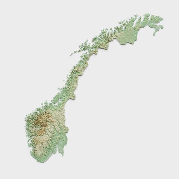 Norway Topographic Relief Map - 3D Render 3D render of a topographic map of Norway. All source data is in the public domain. SRTM data courtesy of the U.S. Geological Survey. green map of norway stock pictures, royalty-free photos & images