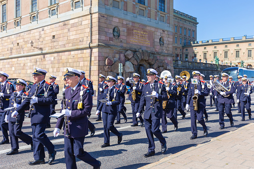 Stockholm, Sweden - August, 13, 2022: The soldiers band of the Change of Guards Parade doing their show in Stockholm, Sweden