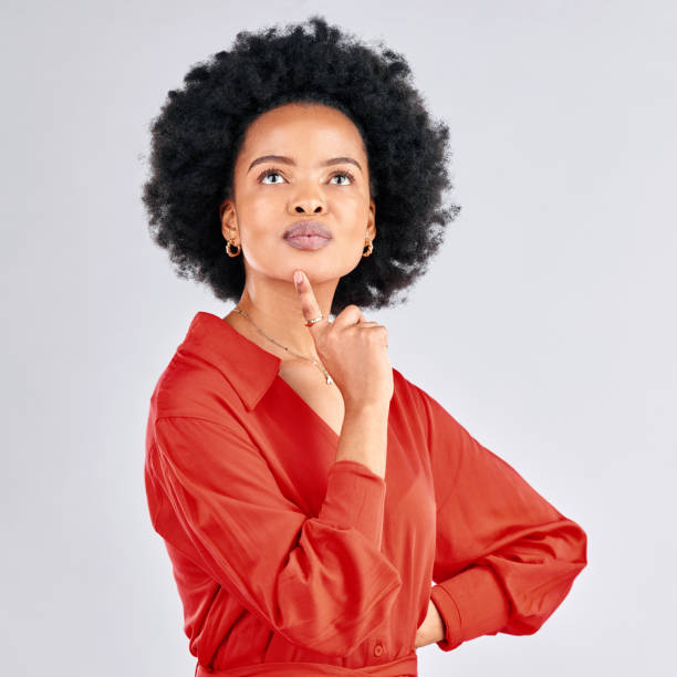 istock Black woman, thinking and ideas in studio, white background and vision of mindset, planning future and question why. Face of curious model daydream of decision, remember memory and solution of choice 1582921702