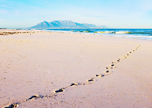 A lone stroller leaves footprints on the beach at Blouberg, north of Cape Town, South Africa. The international landmark of Table Mountain rises in the distance across Table Bay.