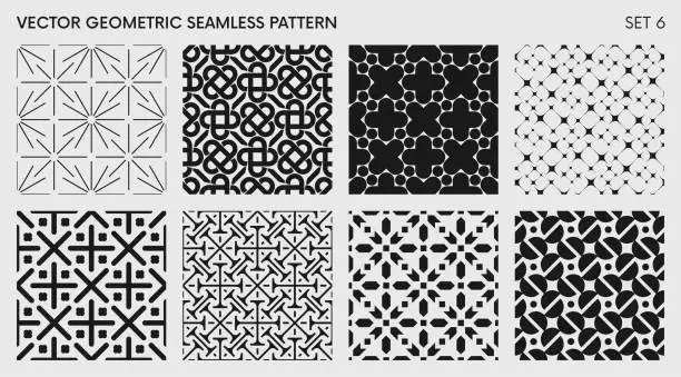 Vector illustration of Seamless vector elegant abstract geometric pattern for various design, Black and white rhythmic repeating texture, creative modern background with element various shapes, set 6