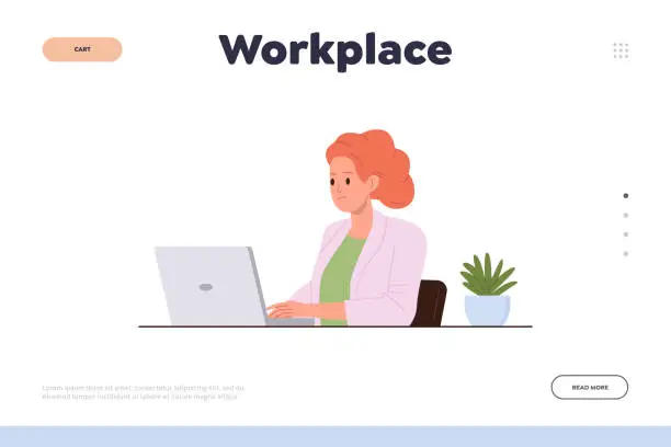 Vector illustration of Landing page design template with happy woman using laptop computer and virtual workplace for job