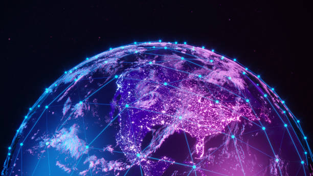blick auf die erde aus dem weltraum mit global communication network - globale kommunikation stock-fotos und bilder