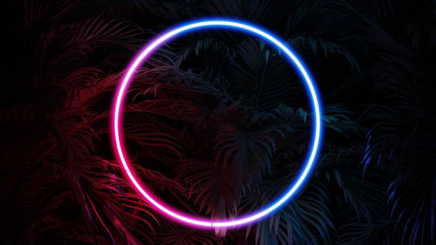 istock Tropical foliage at night in the jungle, neon glow, circle ring leaves. 3d render 1582949506