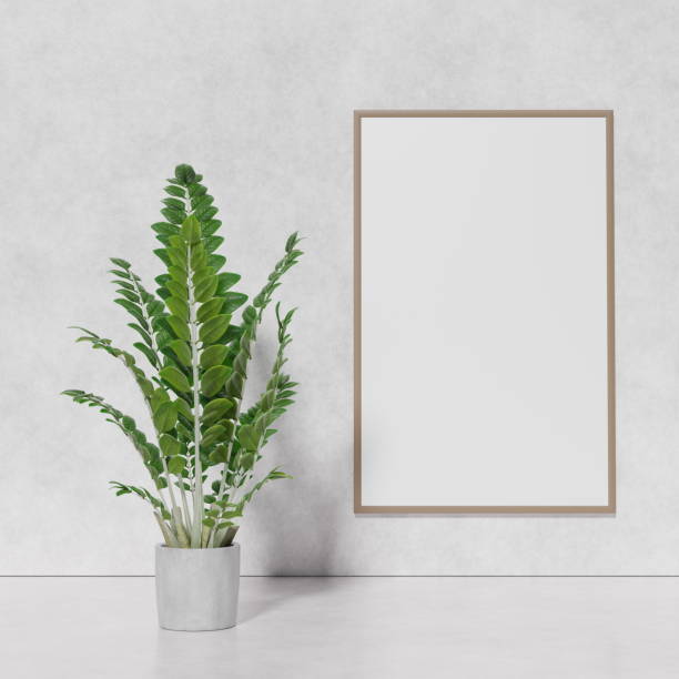 istock Ornamental plant and empty white picture in frame on light wall background, interior design, place for text, frame with a white background layout for design. 3d render 1582949517