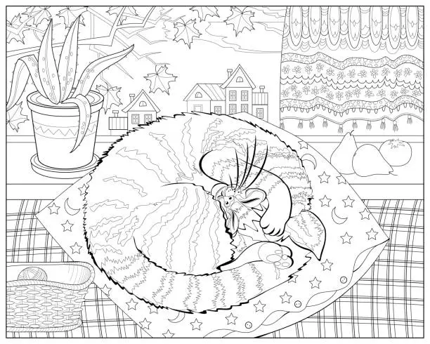 Vector illustration of Cute cat sleeping on a pillow in warm room near window. Coloring book for children and adults. Illustration in zen-tangle style. Printable page for drawing and meditation. Black and white vector.