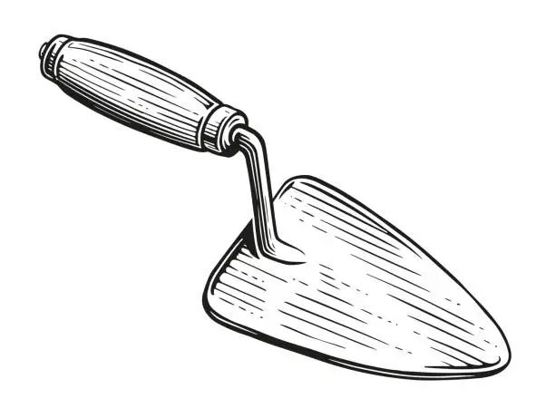 Vector illustration of Trowel with wooden handle. Construction tool for mortar and masonry work. Sketch vector illustration