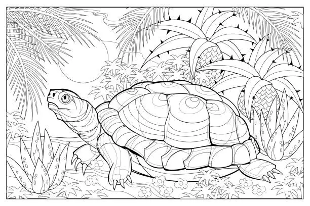 Vector illustration of Stylized illustration of cute turtle. Coloring book for children and adults.