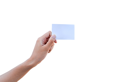 female hand holding blank card isolated on white background.