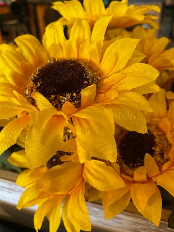 Fake sunflowers in a wooden box