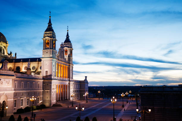 istock Almudena Cathedral illuminated during night at Armeria square 1582985549