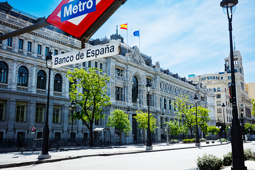Sign Banco de Espana or Bank of Spain metro station near the government building on Calle Alcala street, Madrid