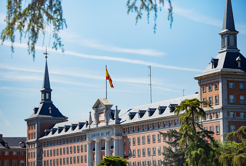 Spanish flag on General Headquarters building of the Air Space Force on calle de la Princesa street