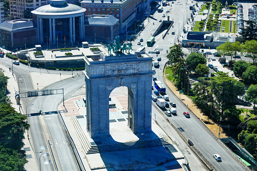 Arch of Victory or Arco de la Victoria, built at Moncloa square in Madrid, Spain view from above