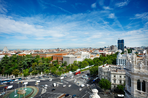 Cityscape of Madrid with Plaza de Cibeles town square on foreground from Comunicaciones Palace building observation desk