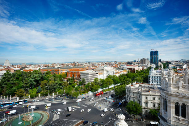 Cityscape of Madrid, Cibeles town square from observation desk stock photo