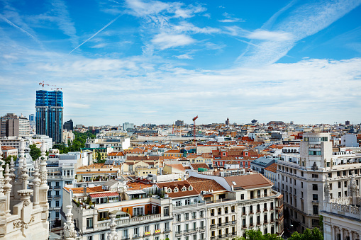 Magnificent panorama and roofs of Madrid view from Comunicaciones Palace building observation desk