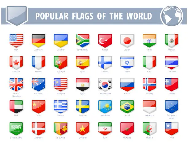 Vector illustration of Popular flags of the world. Pentagon Glossy Icons. Vector illustration.