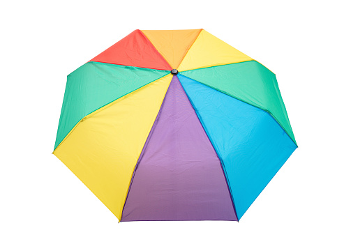 Rainbow colors umbrella isolated on transparent white Weather protection, pride concept.