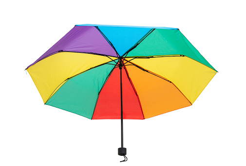 Rainbow colors umbrella isolated on transparent white Weather protection, pride concept.