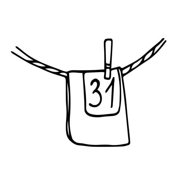 Vector illustration of Doodle illustration of the advent calendar. The gift bag is hanging on a ribbon with a clothespin. December, 31st
