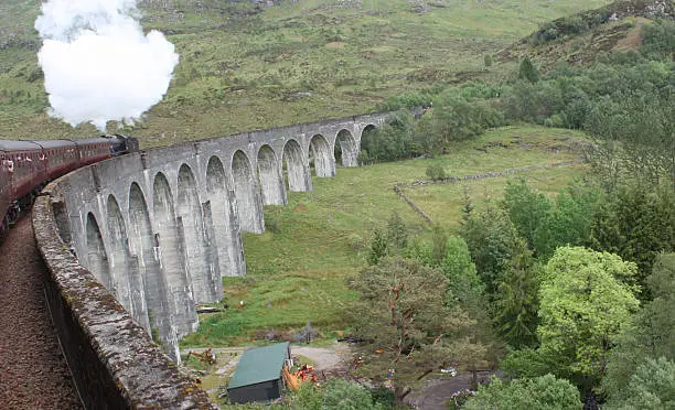 Viaduct and train used in the Harry Potter movies.  Train travels along this track from Fort Williams to Mallaig, Scotland.  Picture taken in May.