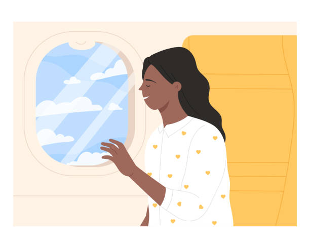 illustrations, cliparts, dessins animés et icônes de passager de l’avion regardant par la fenêtre - vehicle interior indoors window chair