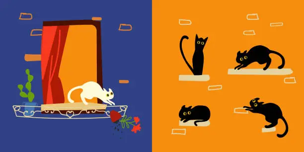 Vector illustration of the windowsill. A set with silhouettes of a horse-drawn tram during the day and at night