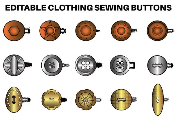 Vector illustration of Metal Buttons flat sketch vector illustration set, different types of Shirt Buttons, Shank button, Flat buttons and Decorative buttons for fasteners, dresses garments, Jeans, Clothing and Accessories