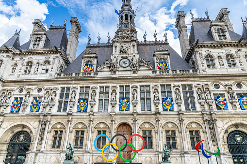 Facade of the Hotel de Ville, the city hall of Paris, with the Paris 2024 Olympic rings installed at the front in France