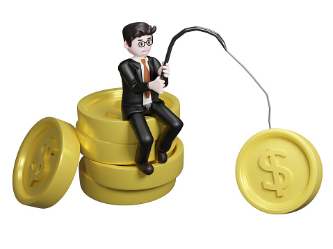 3d render illustration. Finance, investment, money growth, finance cartoon character.