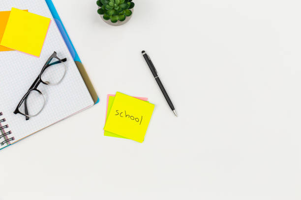 istock Notepad, glasses, pen and paper reminders on a white background. 1583040323
