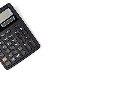 Black calculator on a white background isolated, top view, copy space.