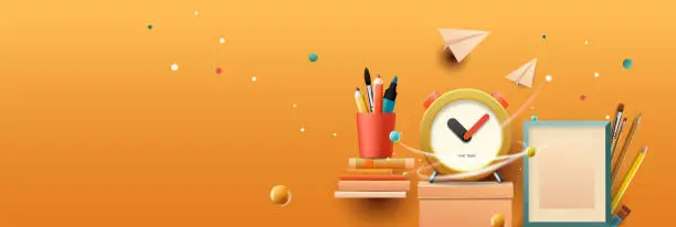 Vector illustration of Back to school banner. School workspace with school stationery, orange background. Vector illustration