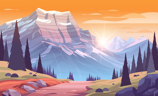 panoramic view of rocky mountains beautiful nature sunset landscape background summer vacation traveling concept horizontal vector illustration