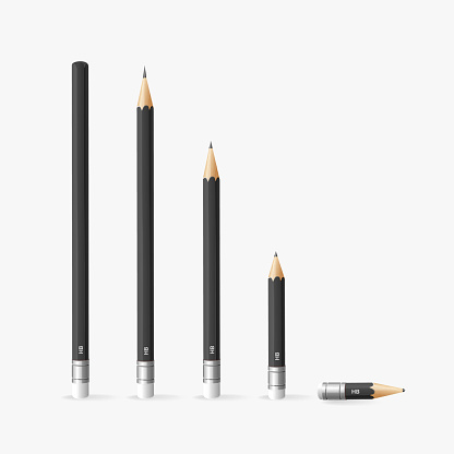 Realistic Detailed 3d Black Sharp Lead Pencil with Eraser on Rear End Set Isolated on White Background. Vector illustration