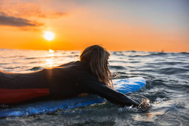 istock Back View Of A Female Surfer Paddling On Surfboard During A Sunset Surf Session 1583061441
