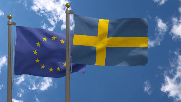 istock EU Flag with Sweden Flag on a Pole 1583065449