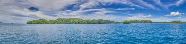 istock Panoramic view over turquoise blue water to a tropical island in Palau 1583068936
