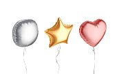 Blank colored round, star, heart balloon flying mockup, side view