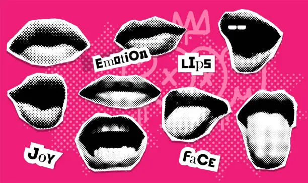 Vector illustration of Y2k trendy collage mouth set with paper cutout elements. Halftone lips for banner, graphic, poster. Vector collaection of scream, kiss, smile, tongue, open mouth. Texture torn out dotted stickers .