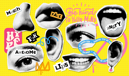 90s Punk style collage elements of face parts set. Eyes, nose, lips and ear in halftone treatment. Retro magazine clippings. Offset dotted Vintage Vector illustration