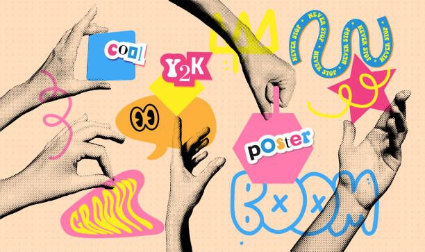 istock Collection of halftone hands holding something. Vector dotted illustration with gestures of hands with for decoration of retro banners and vintage postres. Collection of paper collage elements. 1583084772