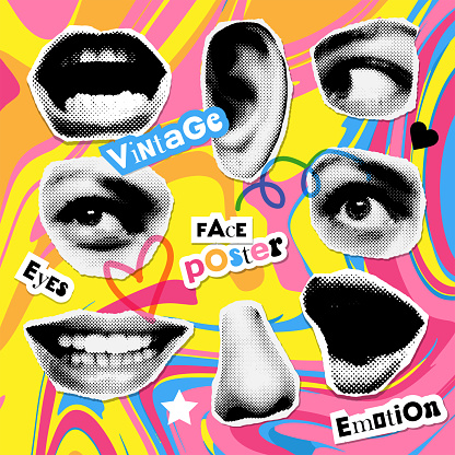 Emotional female lips and eyes as retro halftone collage elements set with girly doodles for mixed media design. Cutout magazine shapes, girl face pares in dotted pop art style. Vector illustration.