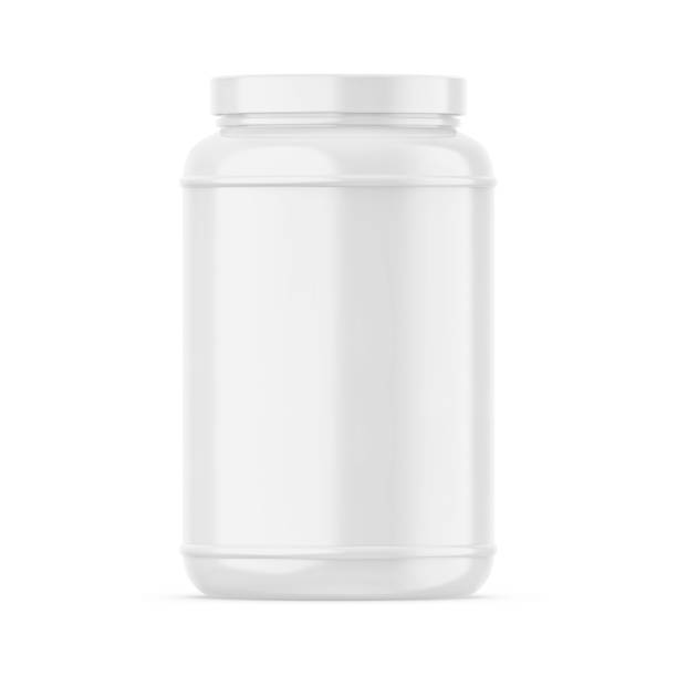 istock Supplement bottle mockup. White plastic protein container for bodybuilding sport, 3d render illustration 1583085711