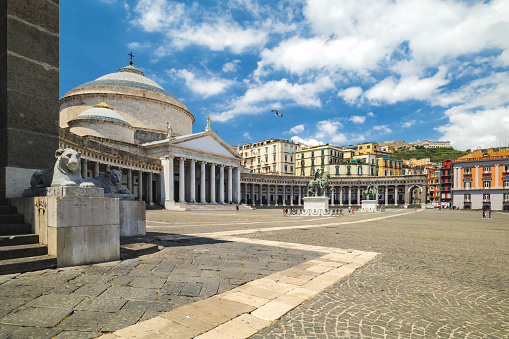 Naples, Italy. Piazza del Plebiscito with the Basilica of San Francesco da Paola and the equestrian statues depicting Charles III of Bourbon and his son Ferdinand I of the Two Sicilies.