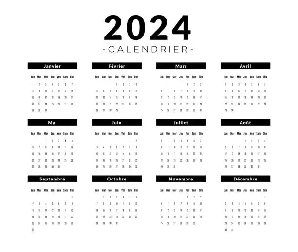 Vector illustration of 2024 calendar in French language.