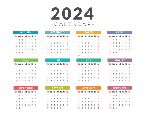 Vector illustration of 2024 calendar in English language.